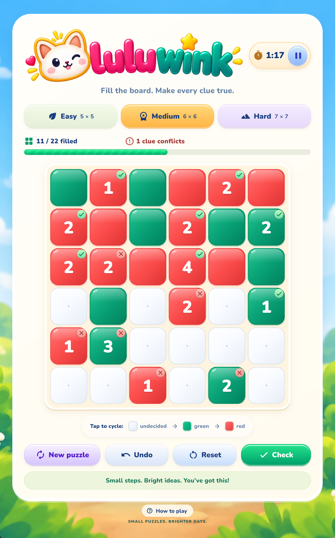 Lulu Wink logic puzzle with colorful red and green tiles