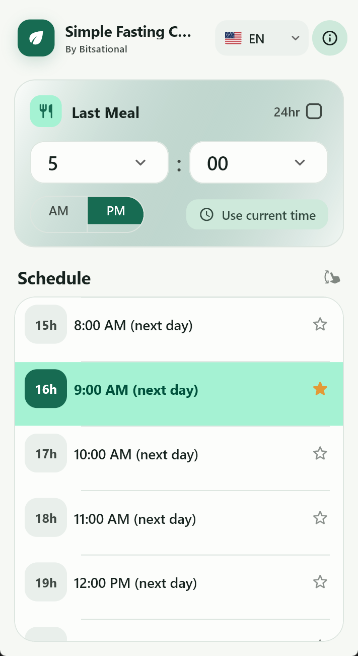 Simple Fasting Calculator showing meal time and fasting schedules